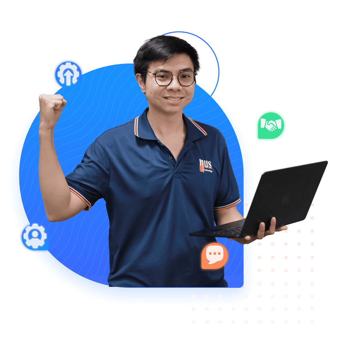 A smiling young man wearing glasses and a NUS Technology