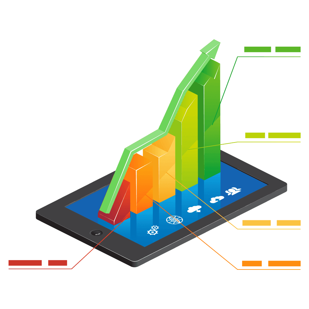 3D isometric illustration of a tablet with a rising bar chart and a green growth arrow