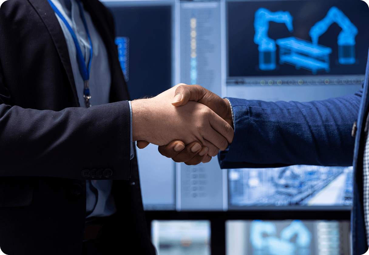 Business handshake, technical backdrop
