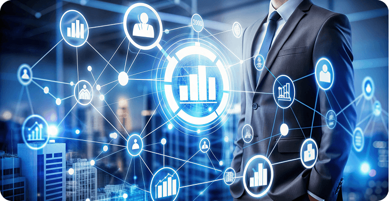 Businessman with digital network and data connections