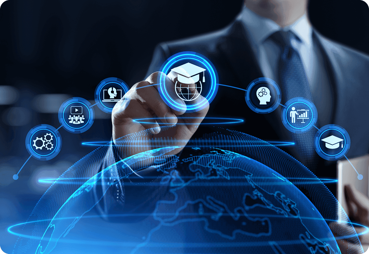 Man interacting with global education network icons