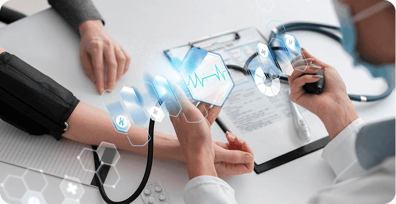 Doctor checks patient's blood pressure with digital overlay