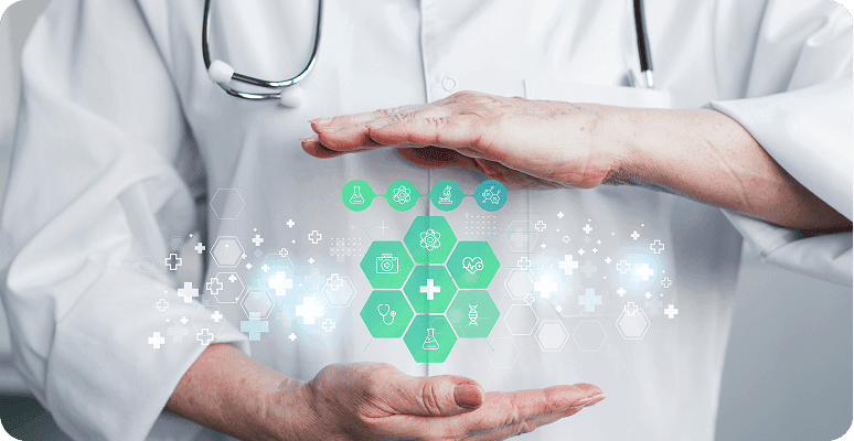 Doctor's hands protect glowing green medical icons