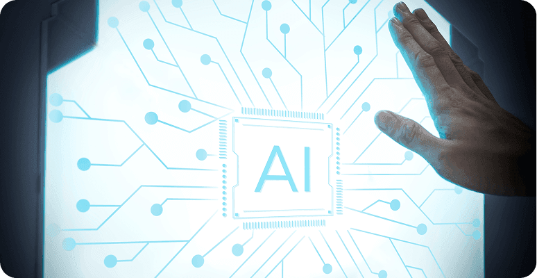 Hand touches screen with glowing "AI" chip graphic