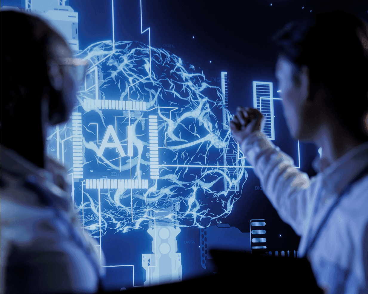 People viewing a glowing digital brain graphic labeled "AI"