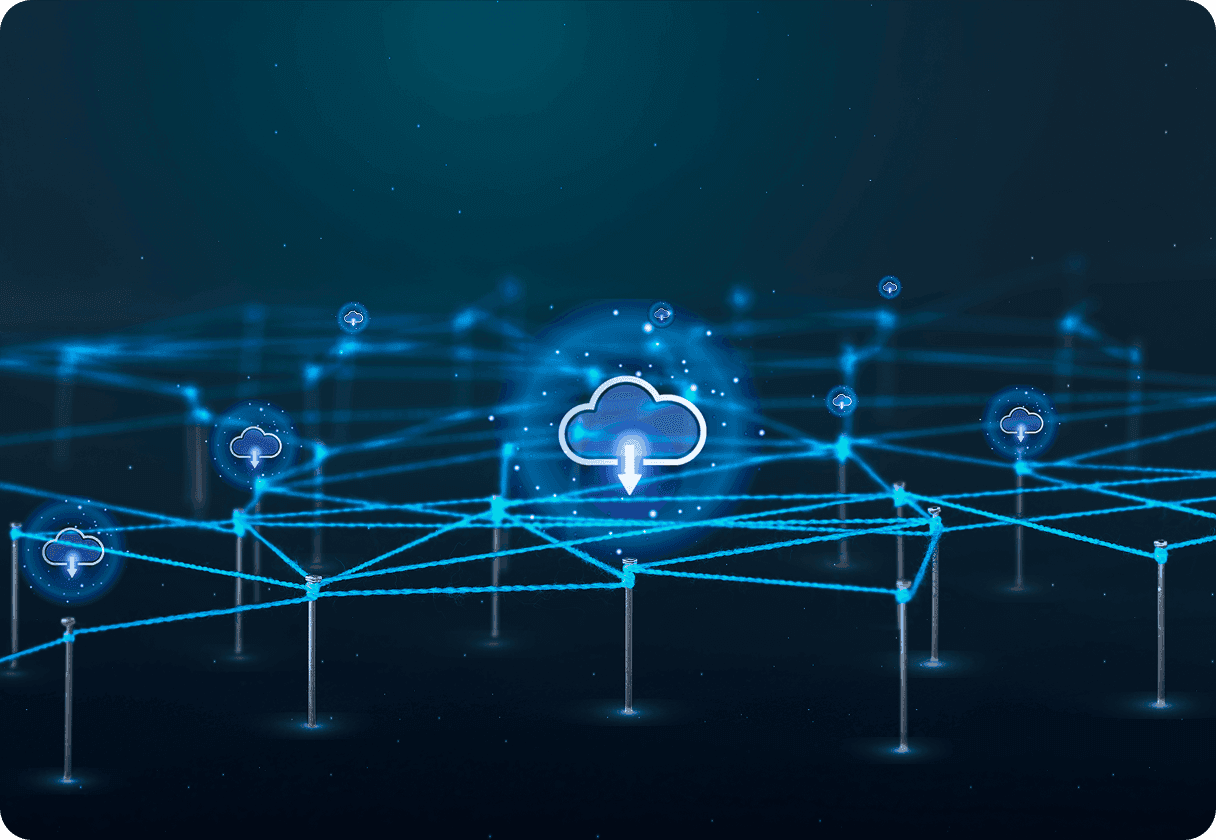Digital network connecting multiple cloud icons
