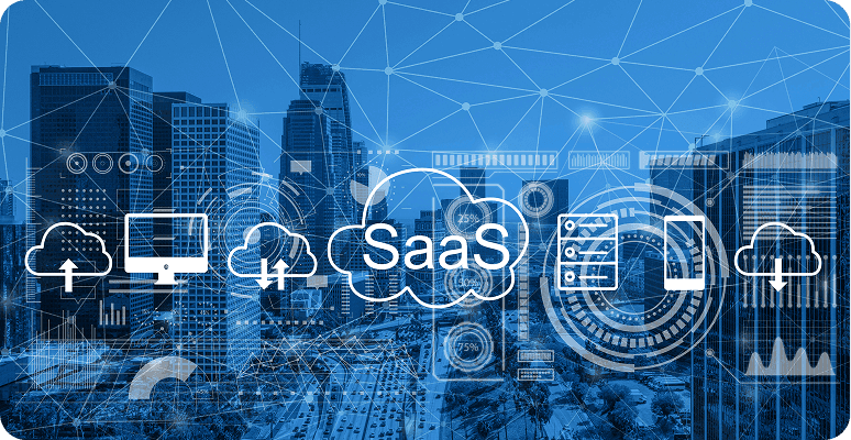 Digital "SaaS" graphic over a city skyline with technology icons