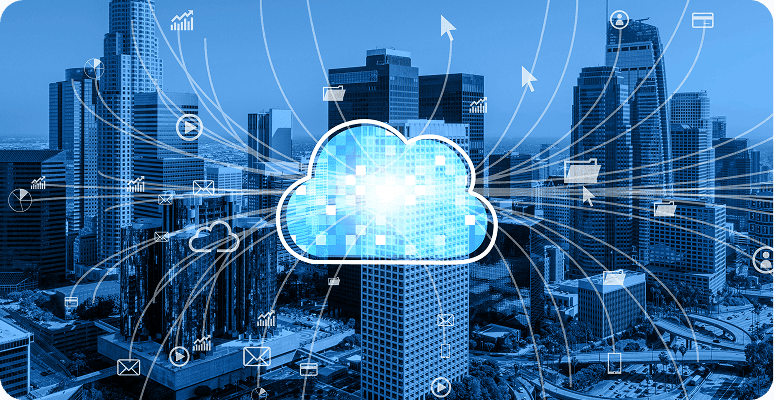 Cloud computing graphic over a city skyline with data connections