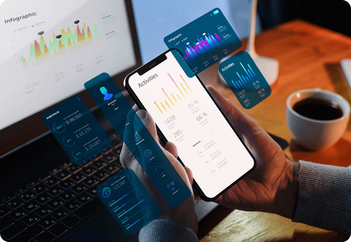 Holographic data visualizations floating around a smartphone held by a person