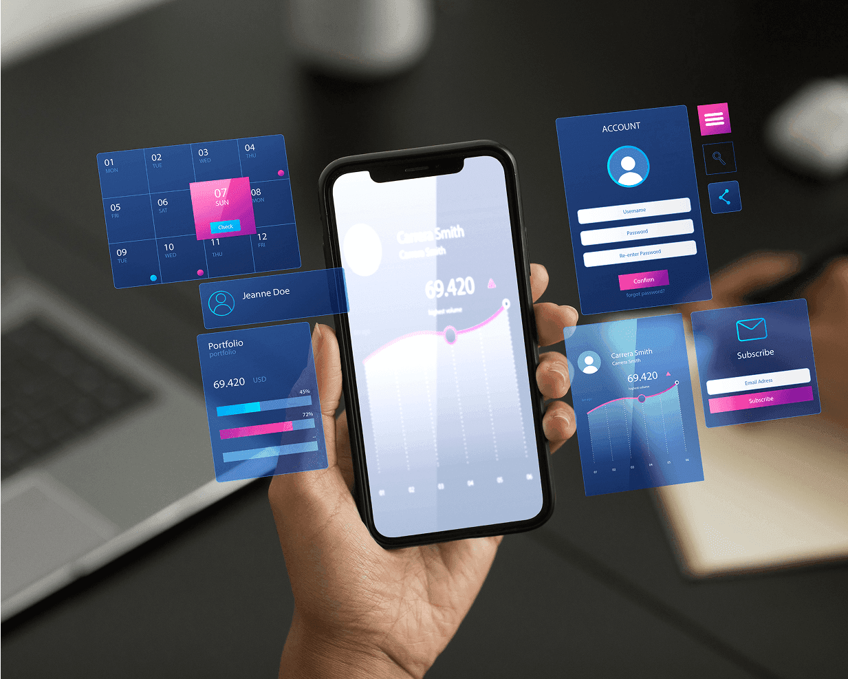 Hand holding a phone with floating holographic app screens