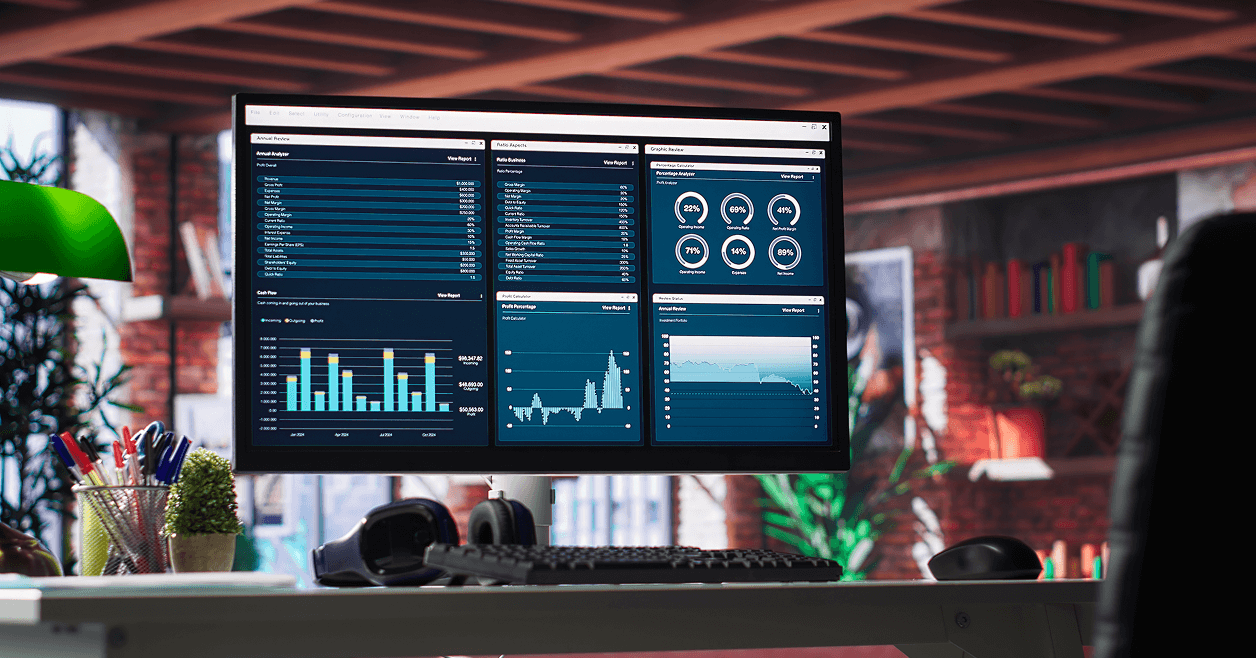 Computer monitor displaying business dashboard and analytics
