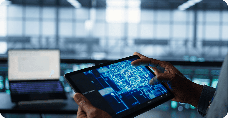 Tablet showing digital system interface in modern workspace.